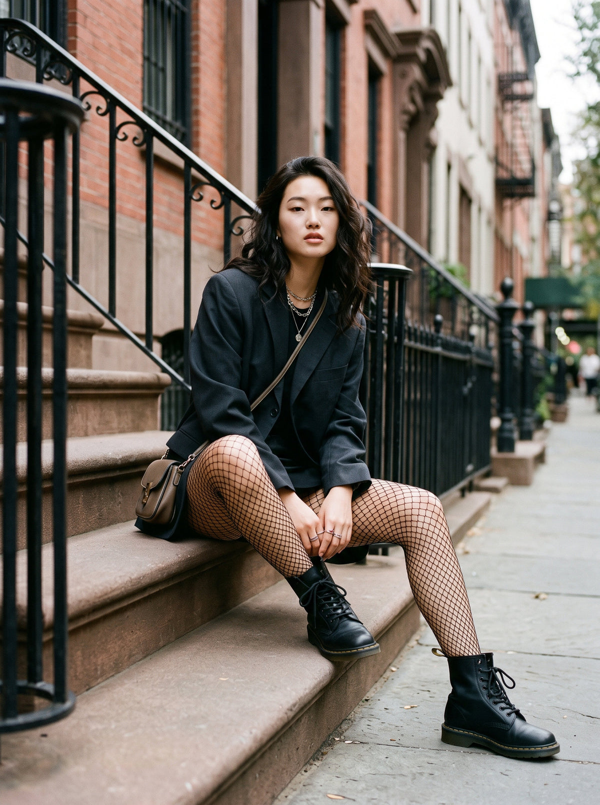 Small grid fishnet tights and lace-up combat boots on brownstone steps in flat overcast daylight