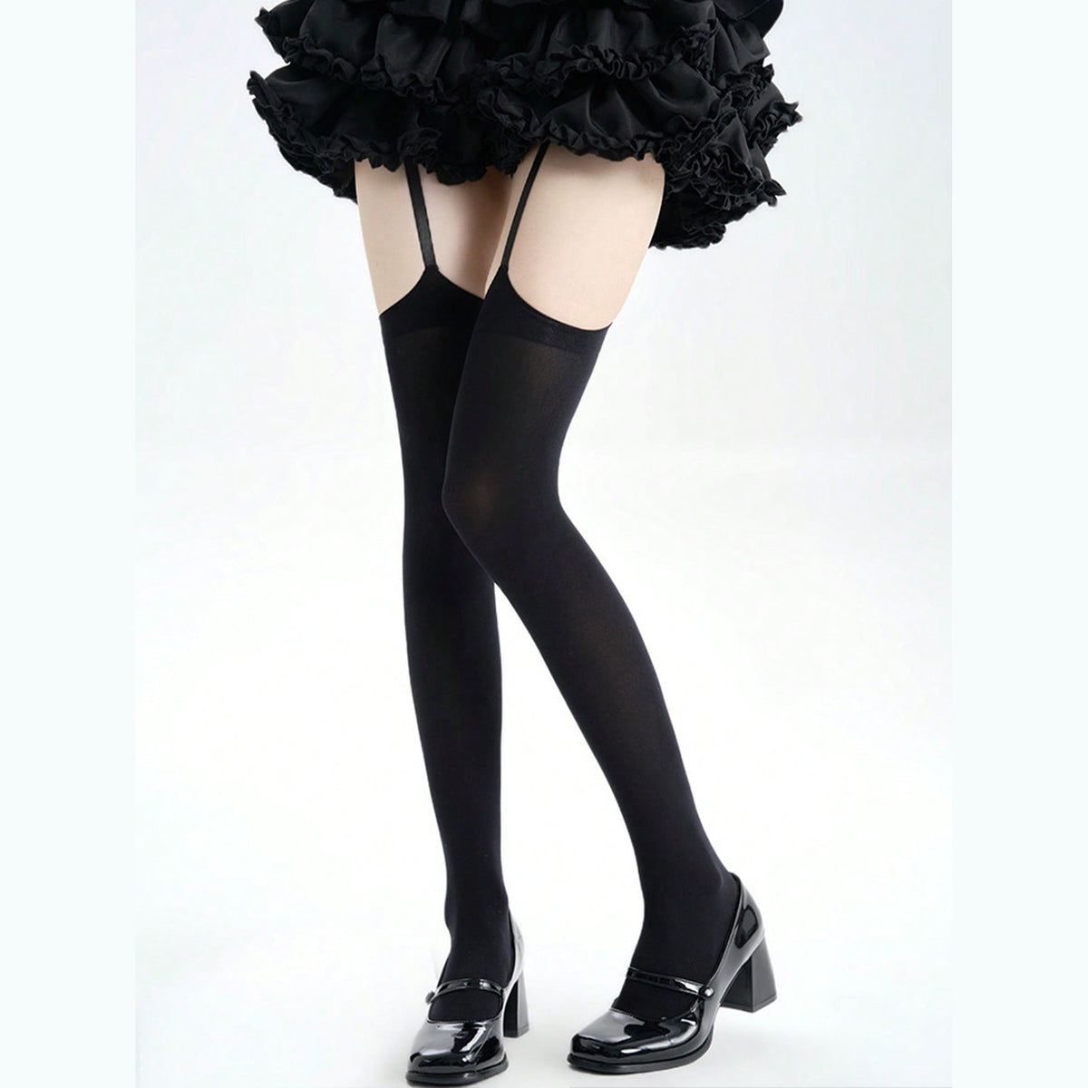 Black garter thigh high stockings with attached straps, front view