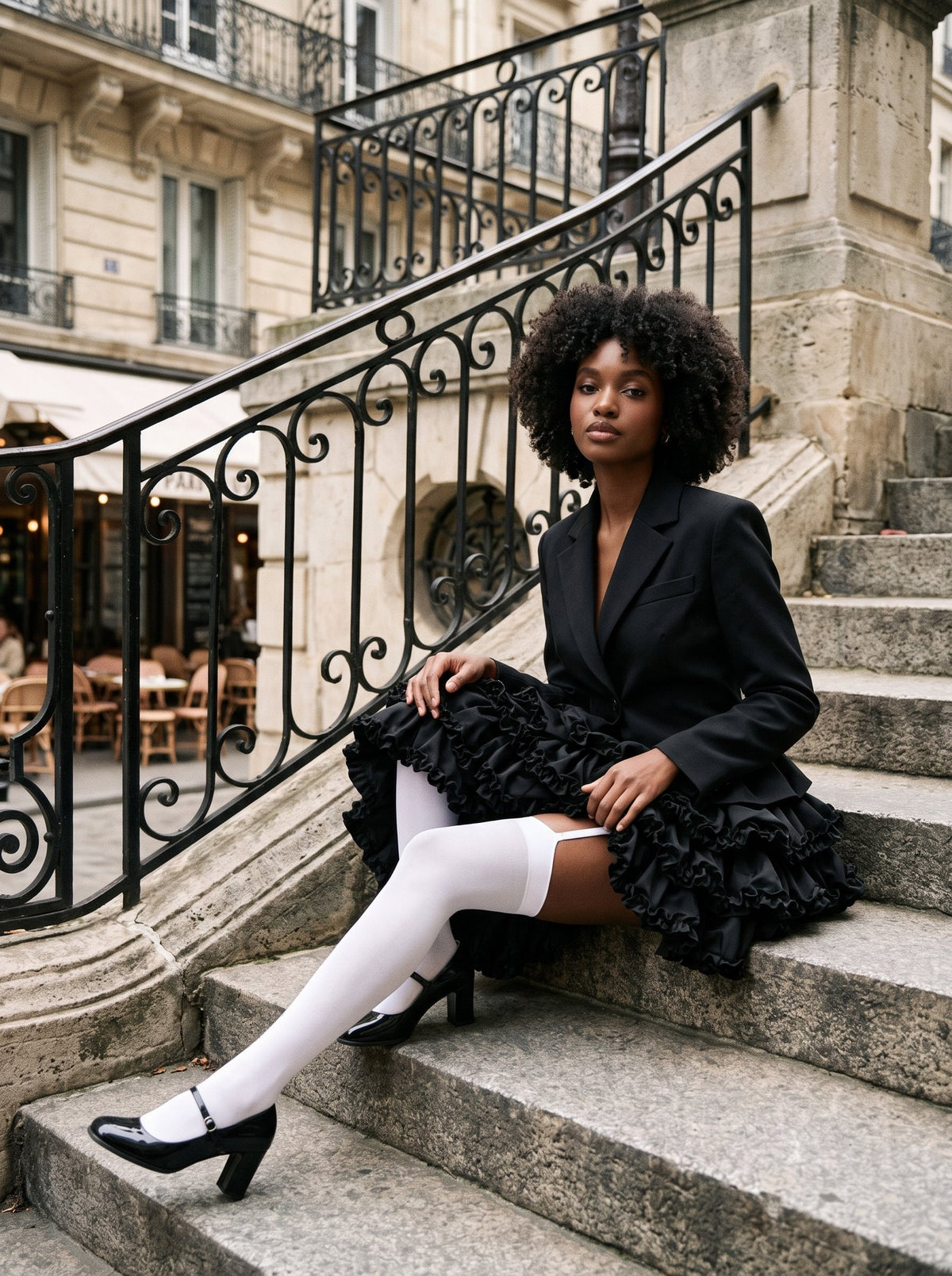 Seated in white garter stockings with a black blazer, showing a strap leaving the top band on the thigh