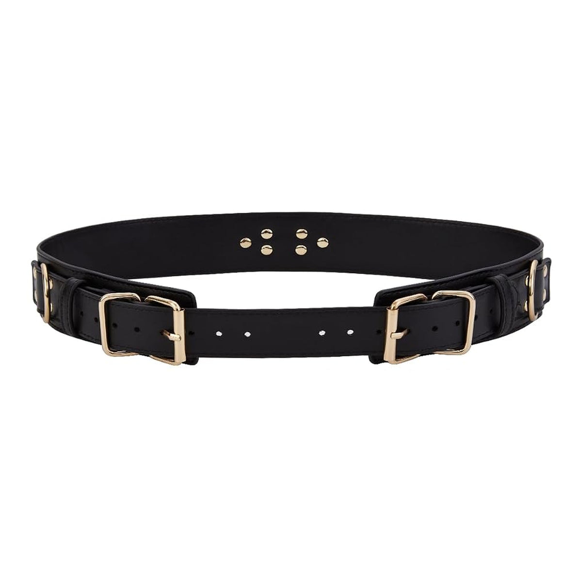 Black leather waist strap with two gold roller buckles