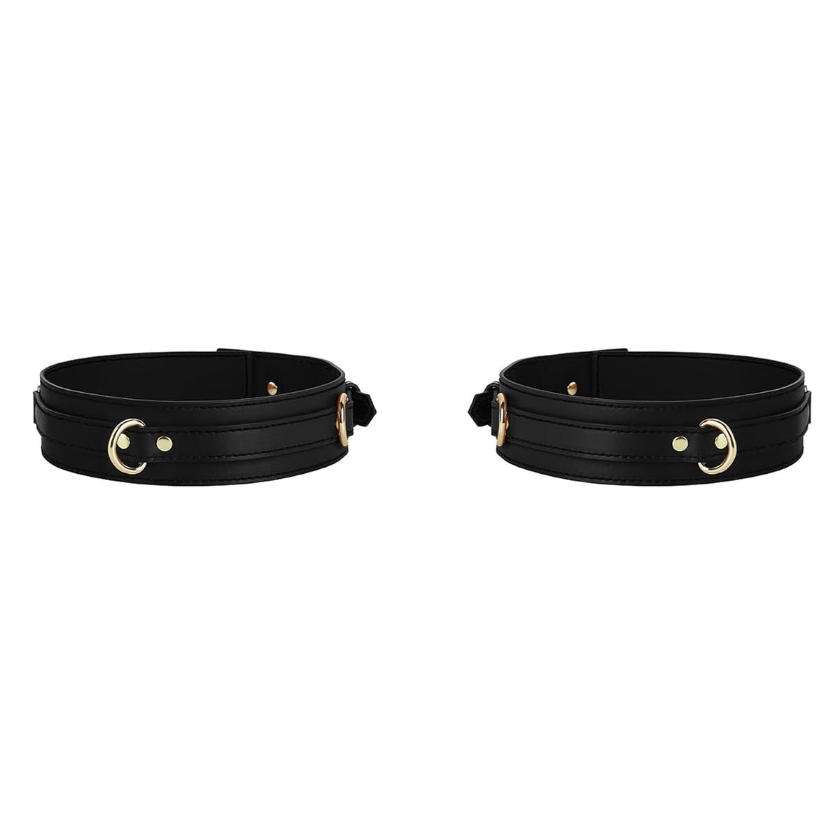 Pair of black leather thigh cuffs with gold D-rings