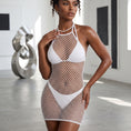 Cargar la imagen en la vista de la galería, White open-net halter mini dress worn over a white bikini, front view
