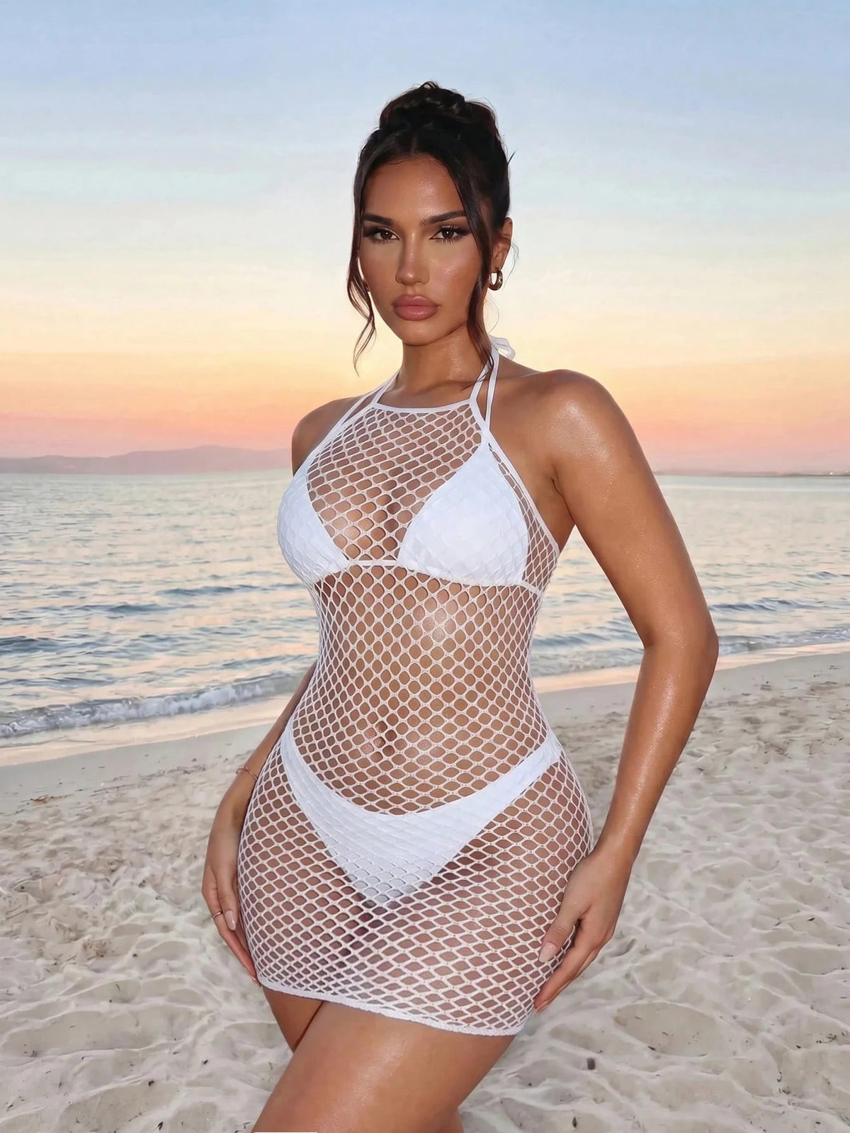 The white net dress in late afternoon light, front view