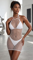 Cargar la imagen en la vista de la galería, Full-length studio view of the white open-net halter mini dress
