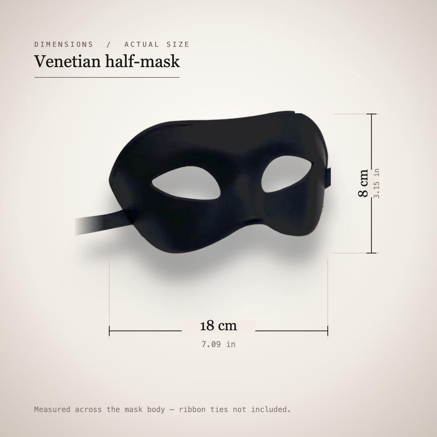 Dimension diagram: mask measures 18 cm by 8 cm across the body