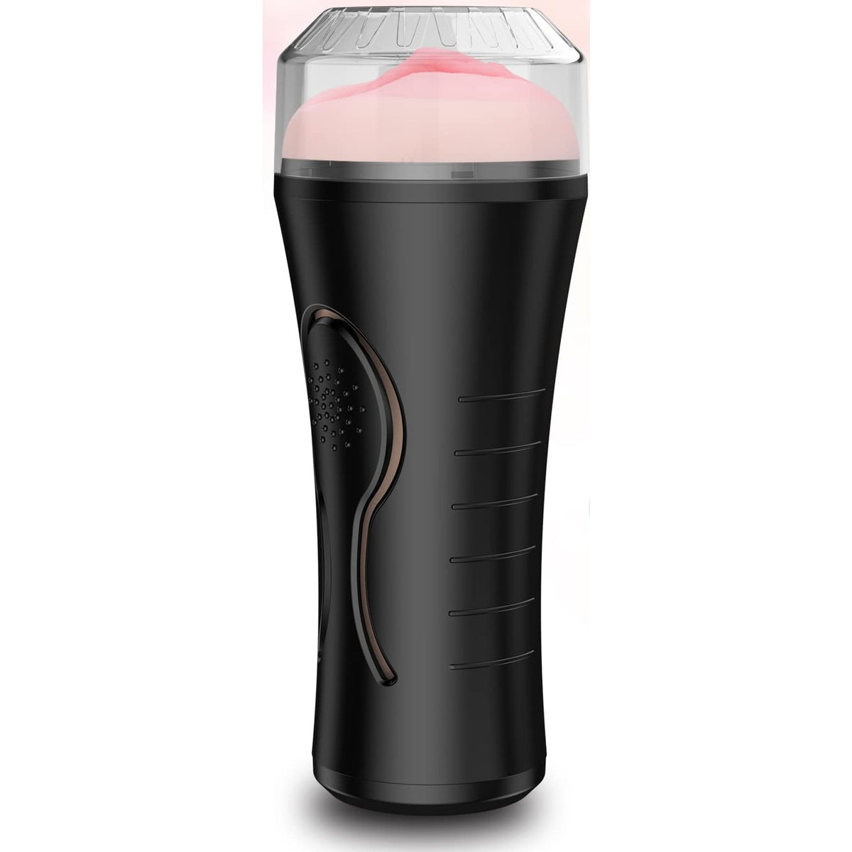 Vibrating pocket stroker with black outer shell and textured inner sleeve