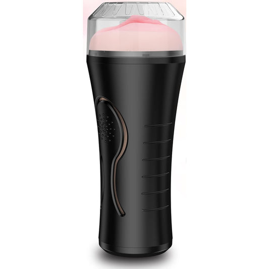 Vibrating pocket stroker with black outer shell and textured inner sleeve