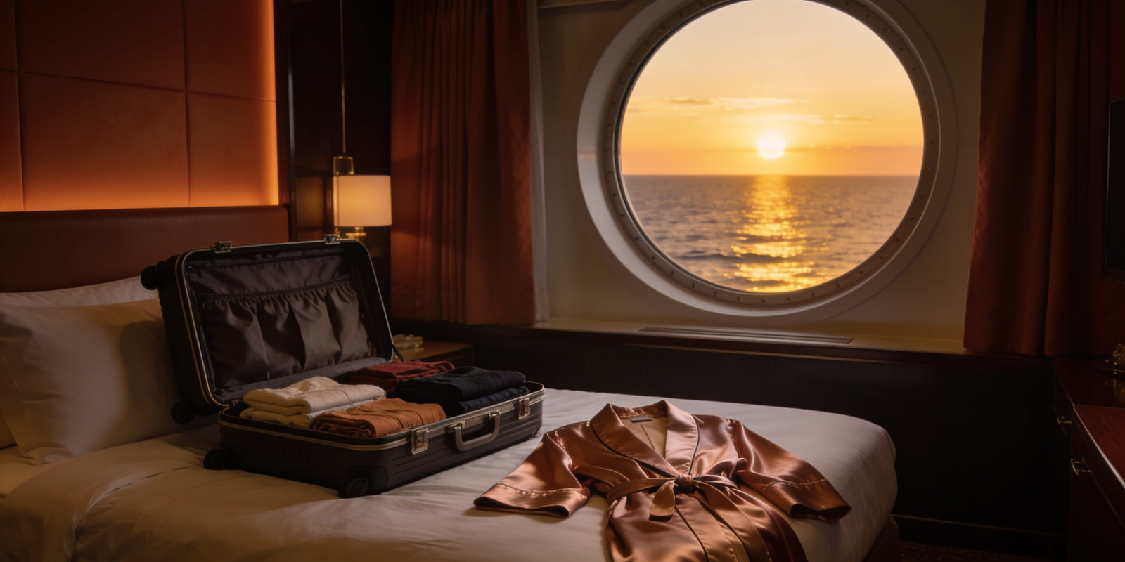Suitcase neatly packed for a cruise in a cabin with an ocean view at sunset