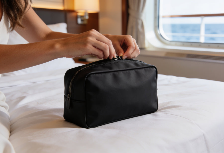 Hands closing a discreet matte-black travel pouch on a cruise cabin bed
