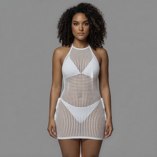 White fishnet halter mini cover-up dress, front view on a model