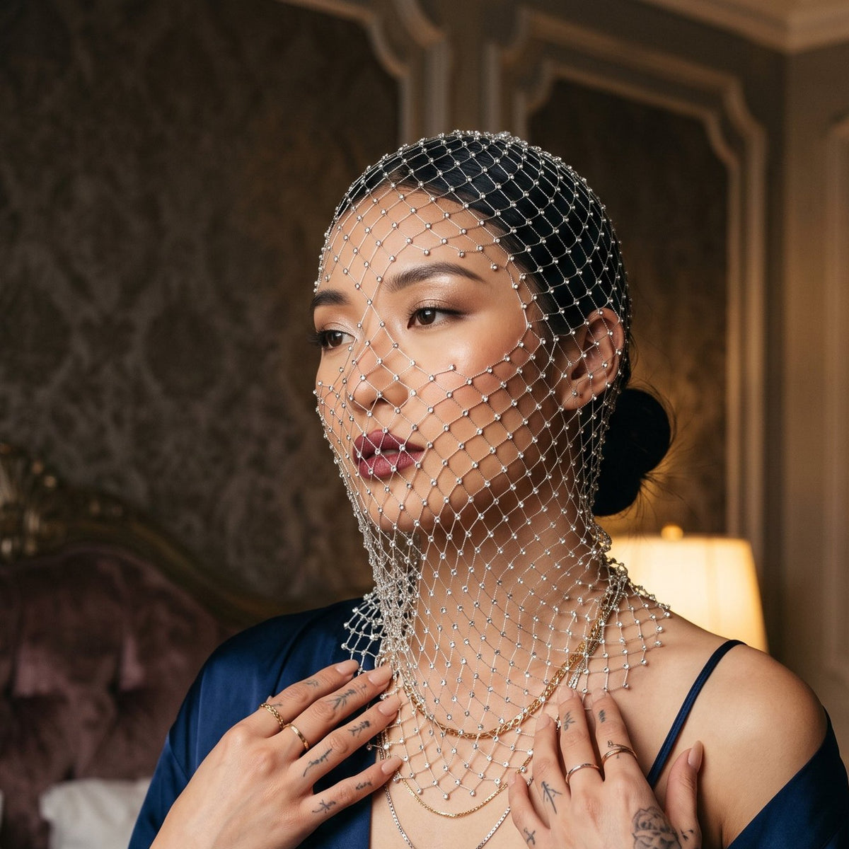 Pearl rhinestone diamond-net veil over head, face and throat, worn over a navy satin robe