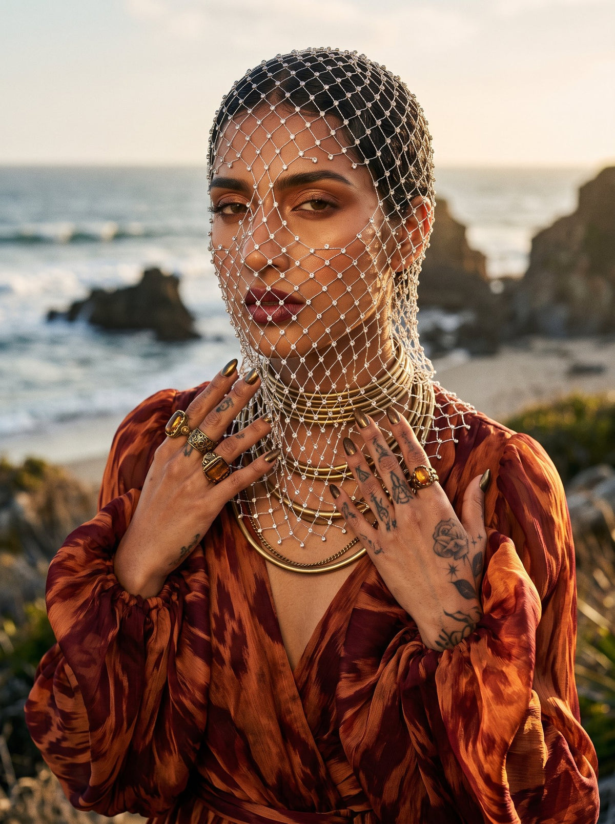 Pale rhinestone net veil in golden-hour coastal light, layered with gold collar necklaces