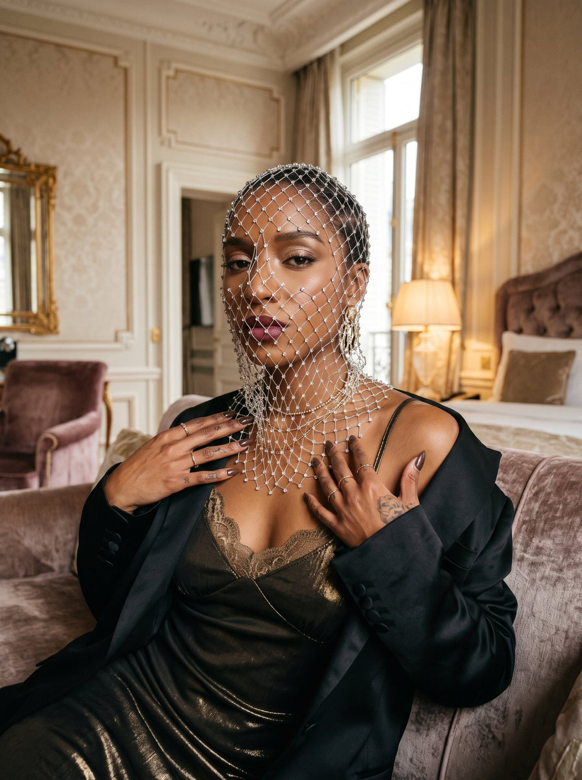 Pale rhinestone net veil over a black satin slip and tailored jacket in a bright interior
