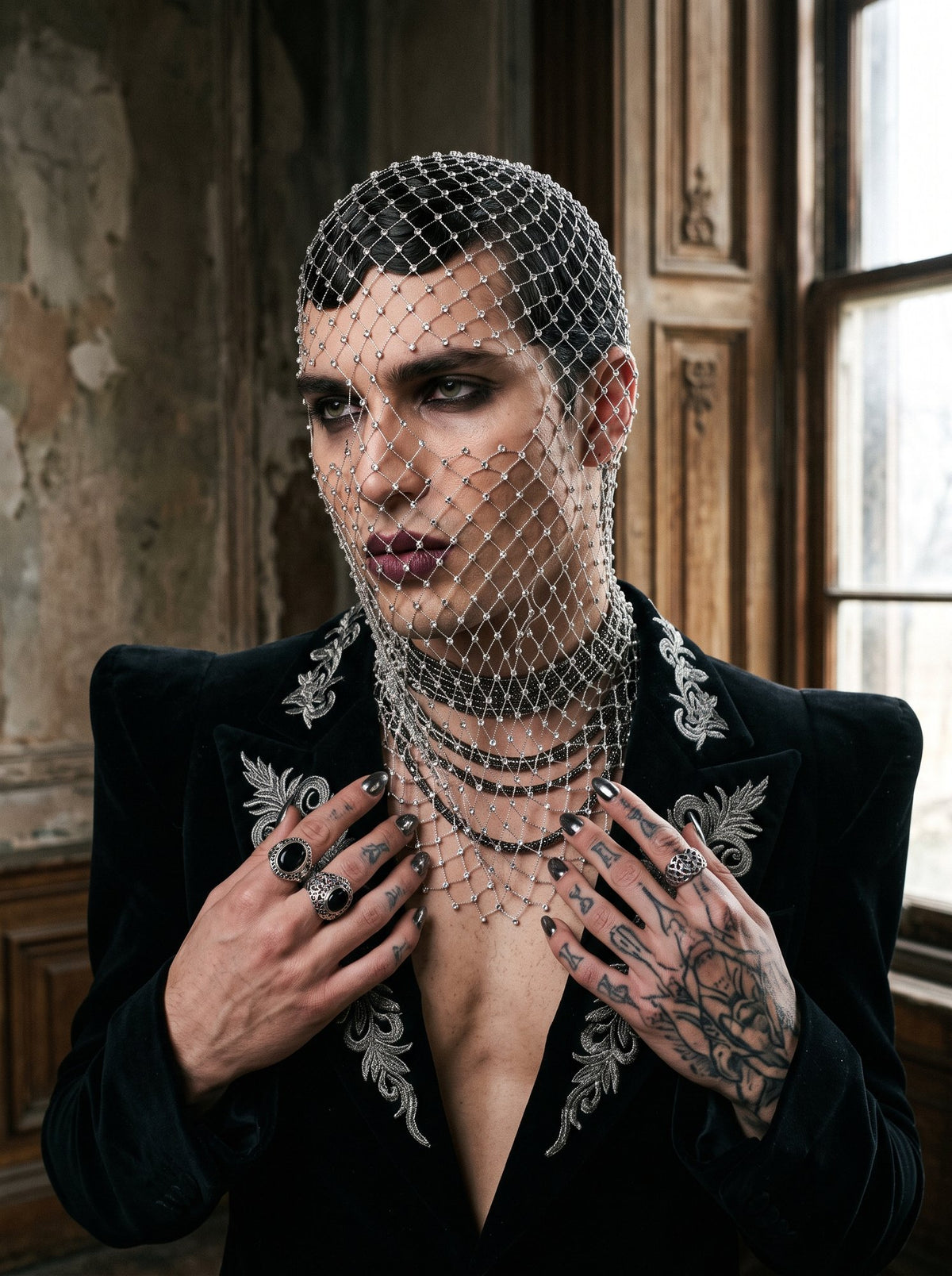 Pale rhinestone veil worn by a man over an embroidered velvet blazer in window light