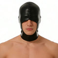 Load image into Gallery viewer, Wet-look faux leather hood worn, front view with open mouth
