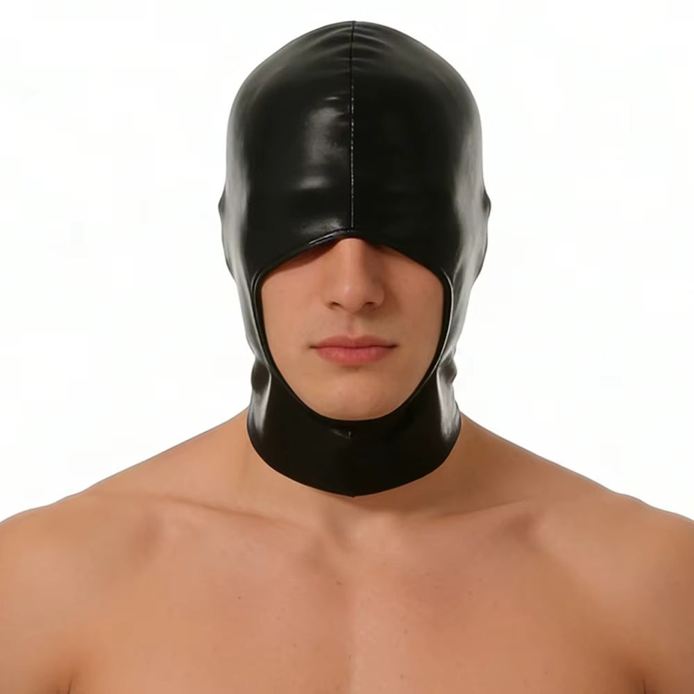 Wet-look faux leather hood worn, front view with open mouth