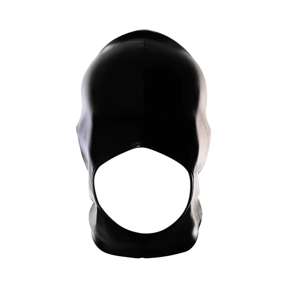 Wet-look hood shown off the head with face opening visible